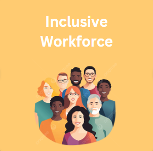 Illustration of a diverse group of eight people with the words Inclusive Workforce above them on an orange background.