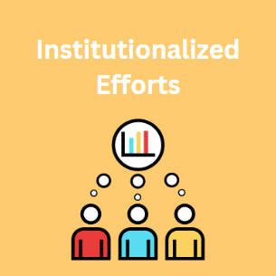 Illustration titled 'Institutionalized Efforts' with three multicolored figures and a bar chart on a light orange background.